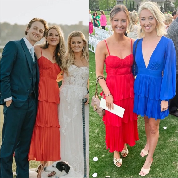 Red Bustier Pleated Tiered Chiffon Midi Dress 🌿 similar to Abercrombie Giselle - Picture 9 of 10